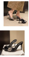 Designer Summer Pointed Toe High Heel Crystal Slippers for Women Fashion Slip-On Sexy Stripper Thin Heel Dress Slides