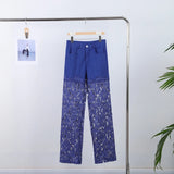 Plus Size Women's Stretch Denim Jeans With Cut-Out Lace Splicing Summer New High Waist Wide Pants Elegant Female Chic Trousers