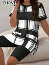 Plus Size Women’s 2Set 1XL-5XL Summer Check Print Two-piece Sets Casual Short Sleeve RoundNeck T-Shirt & Shorts  Loungewear