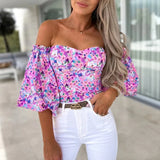Elegant Floral Blouses For Women Sexy Backless Off Shoulder Crop Top Youth White Blouse Fashion Summer Women Clothing 2024
