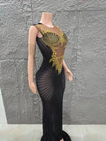 Shinning Golden Crystal Women Sleeveless Sexy Mesh See Through Bodycon Long Dress Celebrate Nightclub Party Birthday Dress