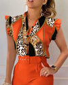 Womens Elegant Slim Two-Piece Sets Summer Fashion Print V Neck Button Flying Sleeve Shirt Top & Solid Long Pants Suits With Belt