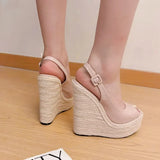 Fashion New Wedges Woven Hemp Rope High Heels Womens Sandals Fish Mouth Platform Back Buckle Strap Thick Soled Shoes Apricot