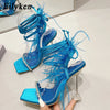 Eilyken New Design Womens Sandals Fashion Fuzzy Feather Summer Transparent High Heels Sexy Nightclub Stripper Shoes Purple Green
