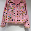 Rainbow Diamond Bead Pink Denim Loose Crystal Stone Jeans Jacket Long Sleeve Crystal Denim Cardigan Spiked Top