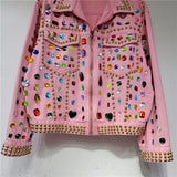 Rainbow Diamond Bead Pink Denim Loose Crystal Stone Jeans Jacket Long Sleeve Crystal Denim Cardigan Spiked Top