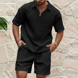 Men's Short Sleeved Sports Set, Casual Fashion, Comfortable, Monochromatic, Collar, 2-Piece Set, Summer, New, 2024