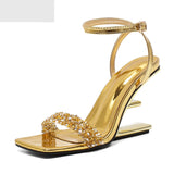 Eilyken Street Style Crystal Diamond Square Toe Womens Sandals Fashion Buckle Strap Strange Heels Summer Shoes
