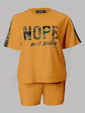 Plus Size Outfits Two Piece Set, Women's Plus Letter Print Contrast Panel Short Sleeve Tee & Shorts Outfits 2 Piece Set