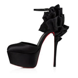 Black Satin Ankle Strap Platform Pumps Pleated Stiletto Solid Color High Heels Women's Shoes