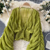 Women Blouse Sexy Deep V Neck Tops Full Puff Sleeve Tight Waist Top Shirts Slim Fit Blouses Elegant Splice Pleated Shirt