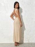 2025 Sexy Two-piece Set V-neck Lace-up Slim Slit Backless Tunic Summer Beach Dress Women Bikini Cover-ups Knit Maxi Dress A2344
