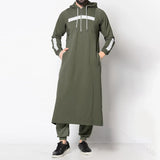 Mens Tops Muslim Middle Eastern Islamic Arabic Clothing Loose Striped Long Sleeve Drawstring Pockets Full Length Hooded Robe