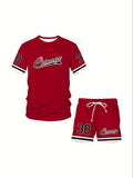 Men's Plus Casual Sports T-Shirt & Shorts Set, 3D Chicago Print, Crew Neck, Knitted Fabric