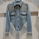 Chic Rhinestoness Tassels Beaded Denim Coat Bareback Diamonds Fringed Jeans Jacket Crystal Cardigan Streetwear Jaquetas