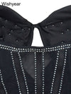 Elegant Evening Birthday Party Dresses for Women Halter Neck Mesh Patchwork Diamonds Rhinestones Prom Club Bodycon Midi Vestidos