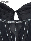 Elegant Evening Birthday Party Dresses for Women Halter Neck Mesh Patchwork Diamonds Rhinestones Prom Club Bodycon Midi Vestidos