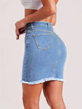 Women Slim-Fit Denim Mid Skirt with Raw Hem Button Zipper Pockets Stretchy Jeans Skirt Casual Light Blue Summer Fashion Skirt