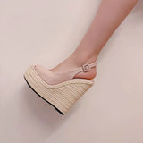 Fashion New Wedges Woven Hemp Rope High Heels Womens Sandals Fish Mouth Platform Back Buckle Strap Thick Soled Shoes Apricot