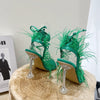 Eilyken New Design Womens Sandals Fashion Fuzzy Feather Summer Transparent High Heels Sexy Nightclub Stripper Shoes Purple Green