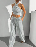 Women's Clothing Summer Casual Solid Color 2 Piece Set New Backless Cross-chest Wrapping Sexy Tank Top & Wide-leg Trousers Pants