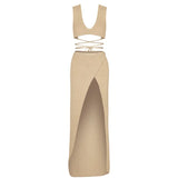 2025 Sexy Two-piece Set V-neck Lace-up Slim Slit Backless Tunic Summer Beach Dress Women Bikini Cover-ups Knit Maxi Dress A2344