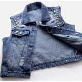Denim Women Vest Luxury Pearls Fashion Ripped Autumn Jeans Jacket New Causal Waistcoats S-5XL