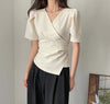 Women Blouse 2025 Spring Summer Solid Tucked V Neck Slim Blouse Elegant Short Sleeve Asymmetrical Top For Women Hot Sale