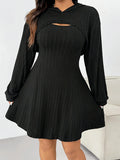 Plus Size Sets  Knitted Suit A-Line Dress Hooded Long-Sleeved Top Vest A-Line Skirt Set Stylish Elegance Elastic Fabric Comfort
