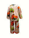 Plus Size 1XL-5XL Women's Fashion Floral Print Round Neck Top and Long Pants Sets Ladies Casual and Relaxed Two-pieces Sets