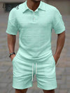 Stylish Short Sleeve Two Pieces Outfits Mens Summer Fashion Plaid Jacquard Lapel Polo Shirt And Shorts Sets Men Two Pieces Suit