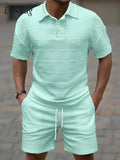 Stylish Short Sleeve Two Pieces Outfits Mens Summer Fashion Plaid Jacquard Lapel Polo Shirt And Shorts Sets Men Two Pieces Suit
