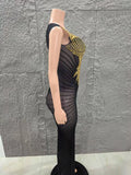 Shinning Golden Crystal Women Sleeveless Sexy Mesh See Through Bodycon Long Dress Celebrate Nightclub Party Birthday Dress
