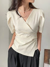 Women Blouse 2025 Spring Summer Solid Tucked V Neck Slim Blouse Elegant Short Sleeve Asymmetrical Top For Women Hot Sale