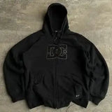 Harajuku Men Zip Hoodie Sweatshirt Black Hooded Jacket with Front Logo Pockets Trendy Hip Hop Embroidered Sweatshirt Streetwear