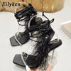 Eilyken New Design Womens Sandals Fashion Fuzzy Feather Summer Transparent High Heels Sexy Nightclub Stripper Shoes Purple Green