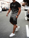 Men's summer sports and casual suit, made of breathable outdoor 100% polyester knitted fabric. It includes a round-neck T-shirt