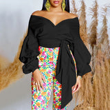 Fashion Blouse for Women 2024 Slash Neck Full Sleeve Sashes Solid Elegant African Ladies Luxury Designer Fashion Shirts Tops