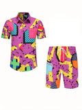 Men 3D Printed Graffiti Pattern Summer Neutral Fashion Casual Rave Party Style Shirt+Short 2 Piece Oversized Hawaiian Shirt Set