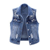 Denim Women Vest Luxury Pearls Fashion Ripped Autumn Jeans Jacket New Causal Waistcoats S-5XL