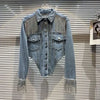 Chic Rhinestoness Tassels Beaded Denim Coat Bareback Diamonds Fringed Jeans Jacket Crystal Cardigan Streetwear Jaquetas