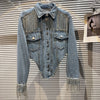 Chic Rhinestoness Tassels Beaded Denim Coat Bareback Diamonds Fringed Jeans Jacket Crystal Cardigan Streetwear Jaquetas