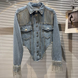 Chic Rhinestoness Tassels Beaded Denim Coat Bareback Diamonds Fringed Jeans Jacket Crystal Cardigan Streetwear Jaquetas