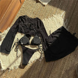 Solid White String Halter Bikinis Sets 4 Pieces Sexy Swimsuit Women Long Sleeve Cover Ups Tops Skirts Swimwear Bikini Beachwear