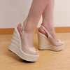 Fashion New Wedges Woven Hemp Rope High Heels Womens Sandals Fish Mouth Platform Back Buckle Strap Thick Soled Shoes Apricot
