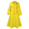 Elegant Dresses for Women Bow Collar Full Sleeve High Waisted Pleated Mid Calf Luxury Birthday Party Dinner Vestidos Mujer Dress