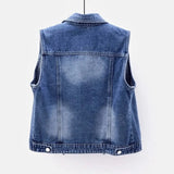 Denim Women Vest Luxury Pearls Fashion Ripped Autumn Jeans Jacket New Causal Waistcoats S-5XL