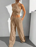 Women's Clothing Summer Casual Solid Color 2 Piece Set New Backless Cross-chest Wrapping Sexy Tank Top & Wide-leg Trousers Pants