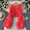Women Blouse Sexy Deep V Neck Tops Full Puff Sleeve Tight Waist Top Shirts Slim Fit Blouses Elegant Splice Pleated Shirt
