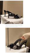 Designer Summer Pointed Toe High Heel Crystal Slippers for Women Fashion Slip-On Sexy Stripper Thin Heel Dress Slides